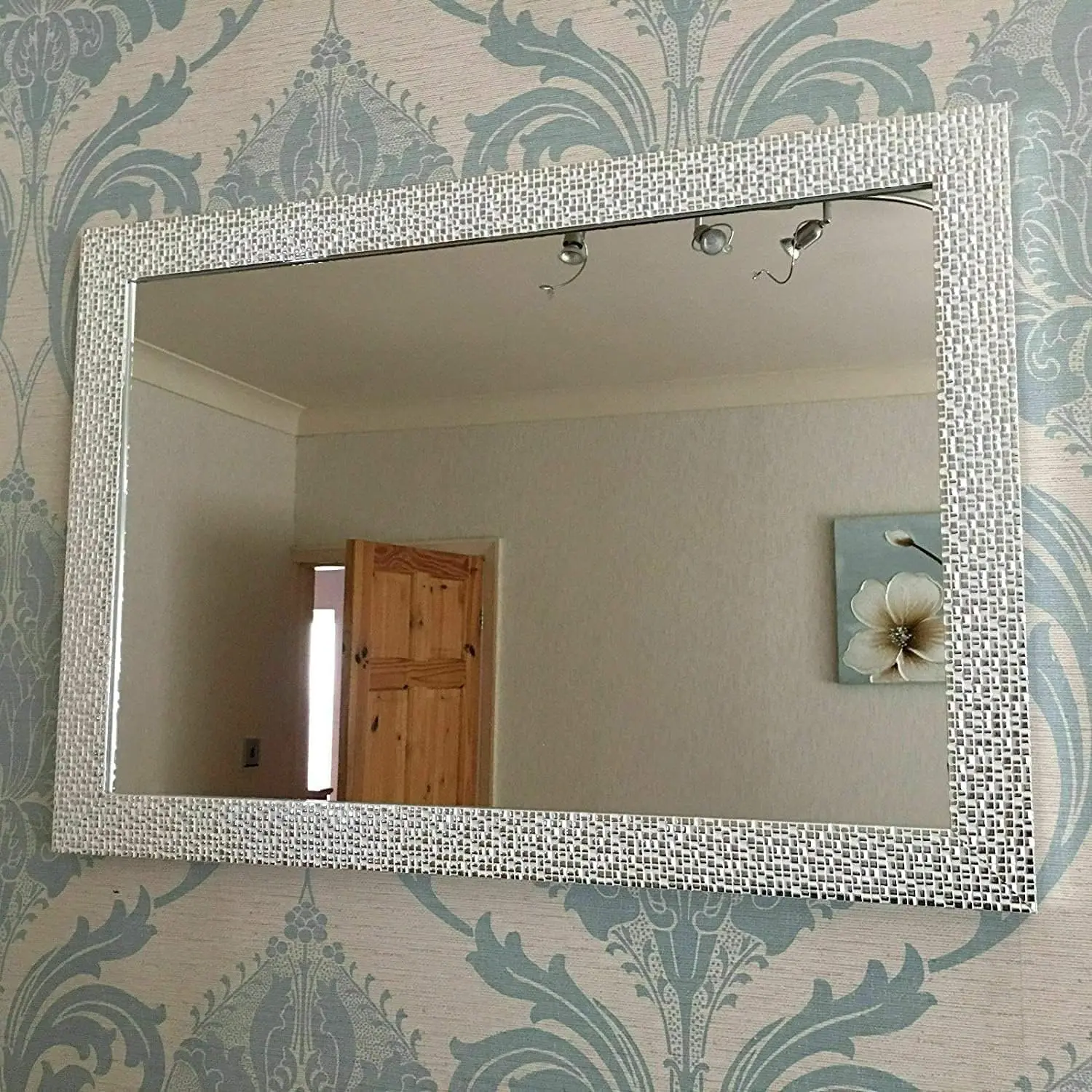 Biznest Mosaic Effect Resin Large Wall Mirror 48X68Cm, Home Decorative, Living Room, Bedroom Room (Silver) Hanging Light