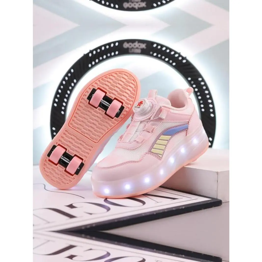 [2025]Kids Colorblock Patched Design Skate Shoes, Light Up Lazy No Tie Up Spin Rotating Automatic Buckle Skate Shoes, Detachable Wheels with Lights To Shine Rechargeable Skate 2024 Fall Shoes for Boys & Girls