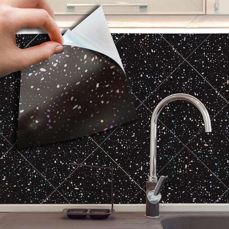 WALPLUS Tile Stickers Metallic Peel and Stick Backsplash Kitchen Backsplash Tiles Self Adhesive Water Resistance Heat Resistance Terrazzo Holographic Glitter Black Wall Tile Sticker Set 24pcs 2.3 Inch 1