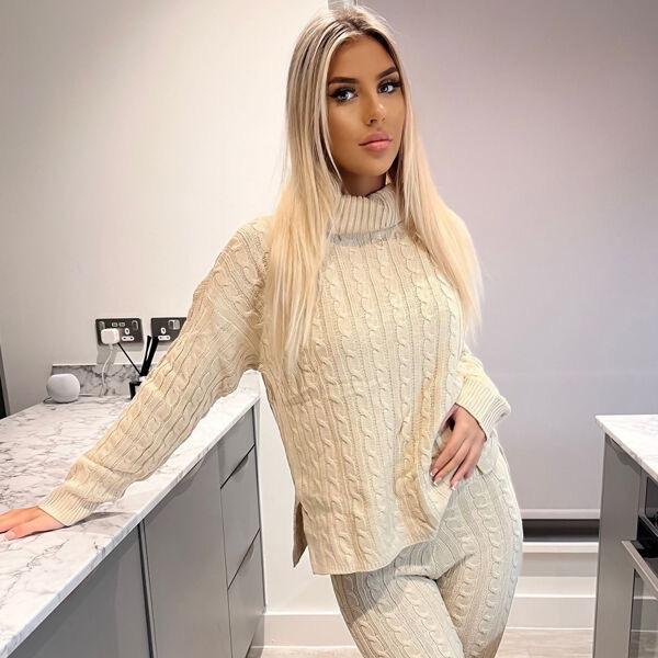 Women's Cable Knit Leggings Set with Roll Neck - Bottoms, Womenswear 0