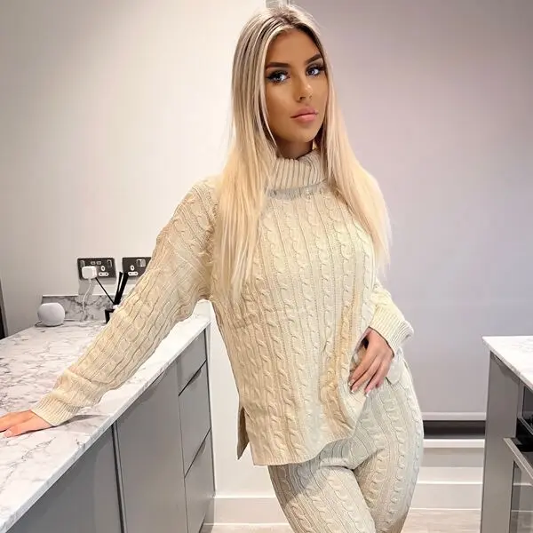 Women's Cable Knit Leggings Set with Roll Neck - Bottoms, Womenswear 0