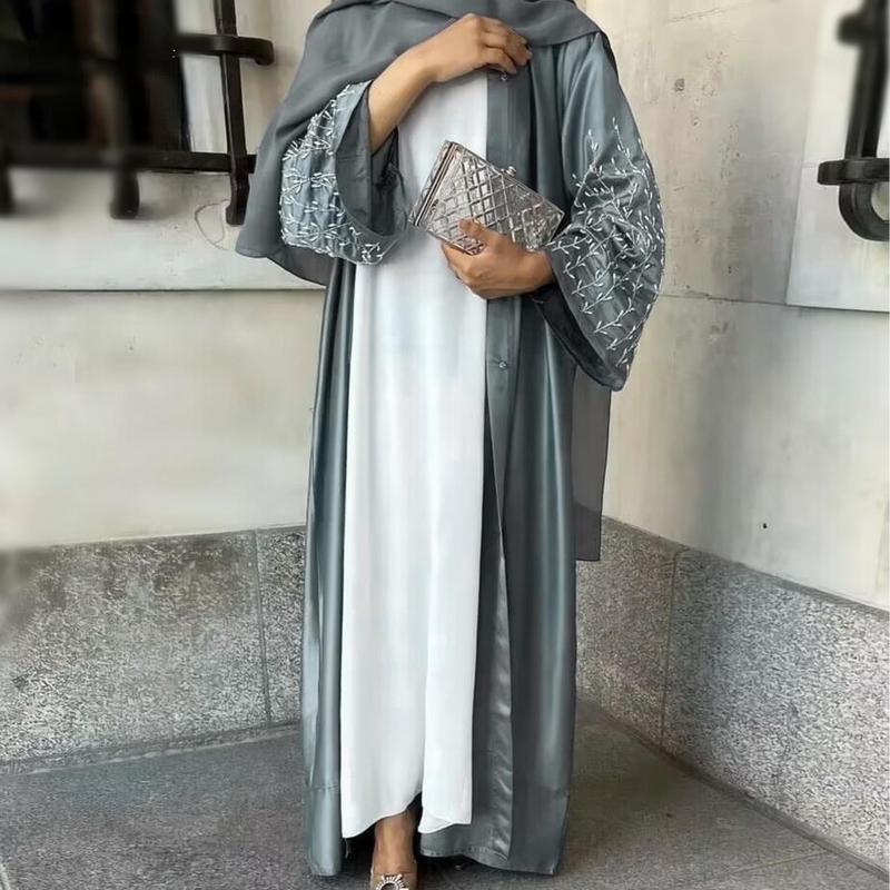 HS1024 1pcs Satin Cardigan Handmade Beaded Dress Abaya 2