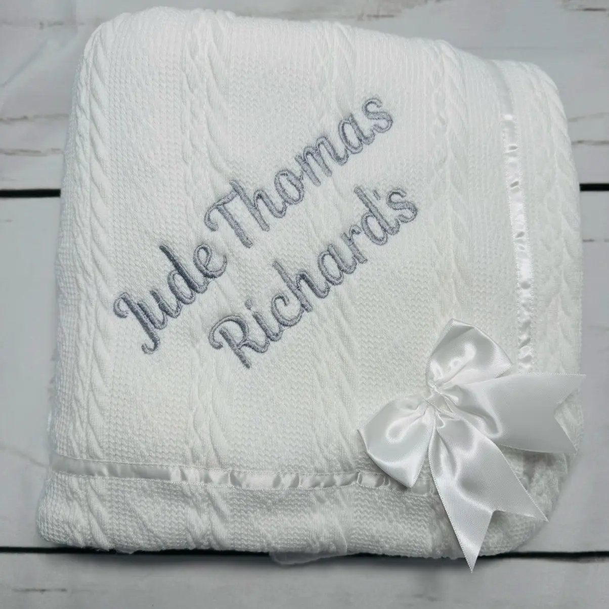 Personalised Cable Knit Bow Blanket for Baby