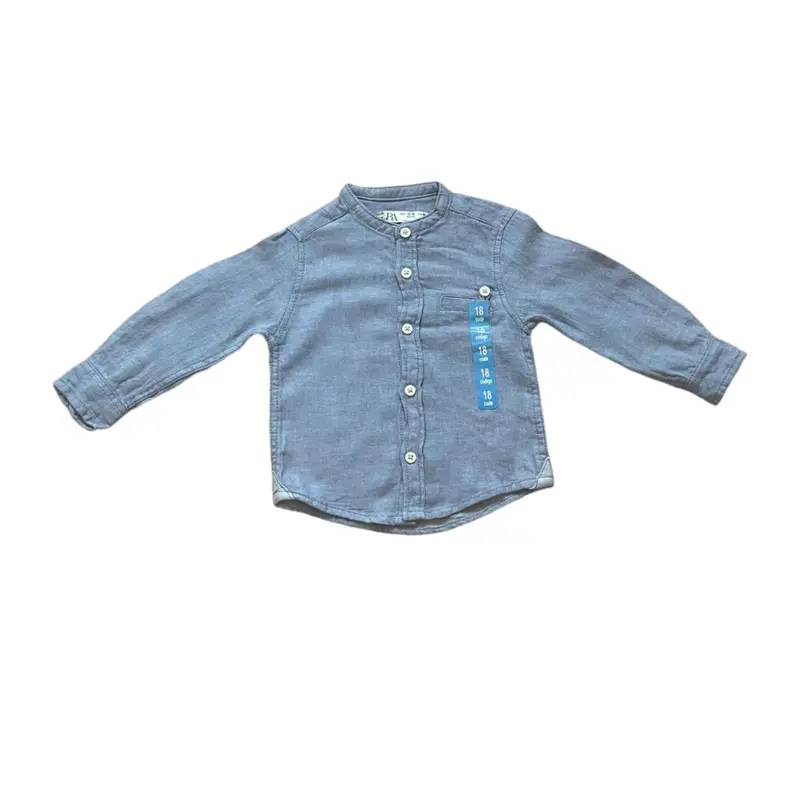 Boys Toddlers Blue Cotton Stand Collar Button Long Sleeve Shirts 2