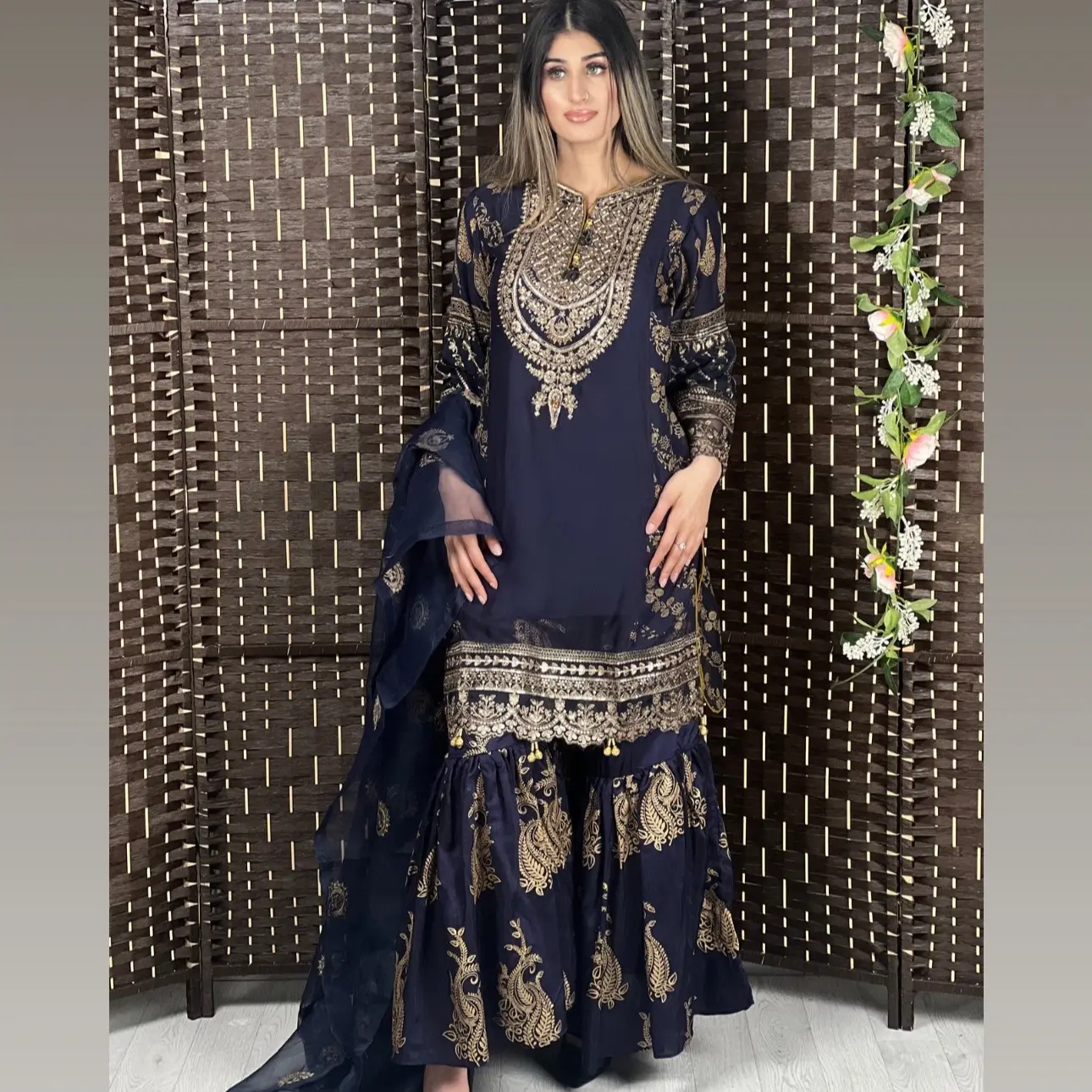 Beautiful Party Wear Embroidered & Digital Print 3pc Suit With Printed Gharara & Embroidered Net Dupatta