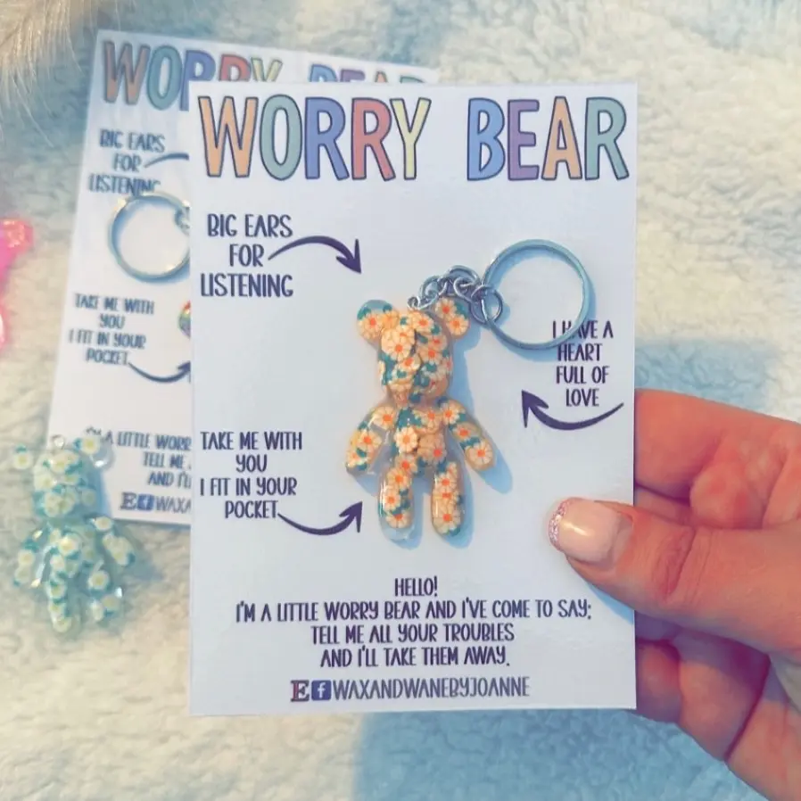 Worry Bear, Anxiety Relief Gift, Pocket Hug, Stress Relief Gift For Her, School Anxiety, Mental Health Gift, Back To School Keychain,Anxious, Flower Collection