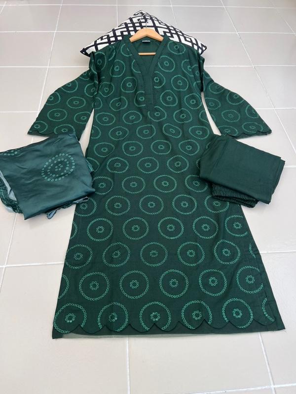 Product Introduction of 3 pc dhanak fabric Chickenkari long shirt suit with dupatta , organza detailing on daman and sleeves Womenswear 3