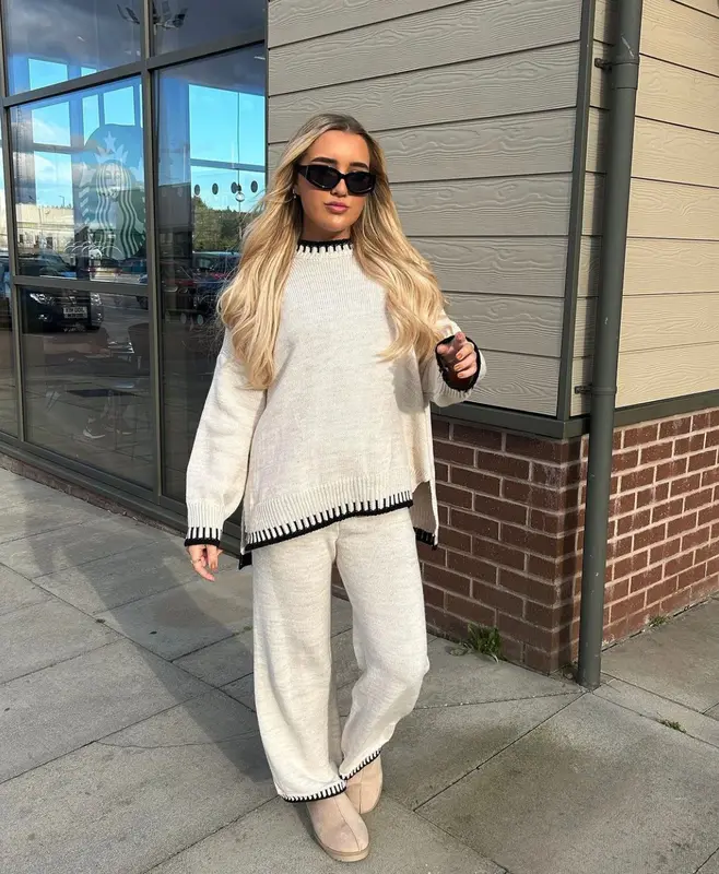 {GLAMDOLL} PEGGY Round Neck Oversized Stitch Design Top & Trouser Set 2