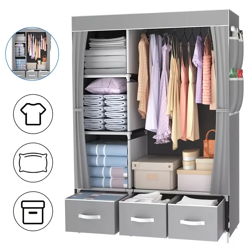 A Set Stylish Grey Canvas Wardrobe With 3 Storage Bins - Easy Assembly Durable & Spacious Closet Organizer For Home Bedroom Folding Clothes Storage Solution Portable Closets 1