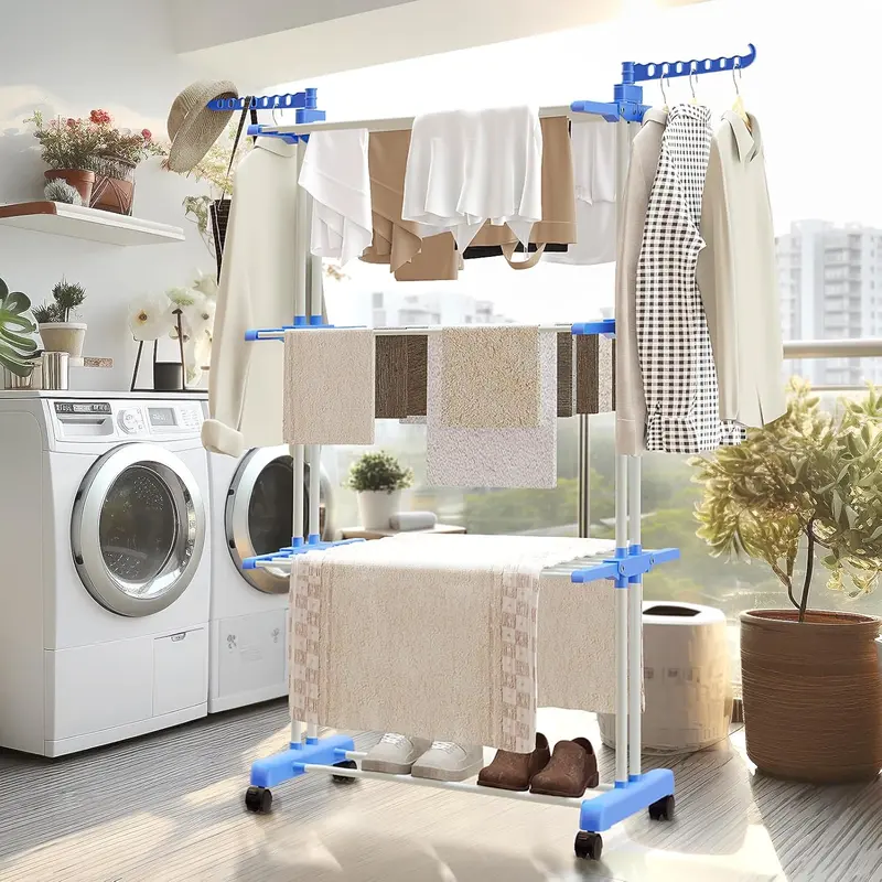 3 Tier Clothes Drying Rack, Adjustable Rolling Laundry Hanger, Foldable Wings Large Stainless Steel Garment Dryer with Casters for Outdoor Indoor Room Hangable 3