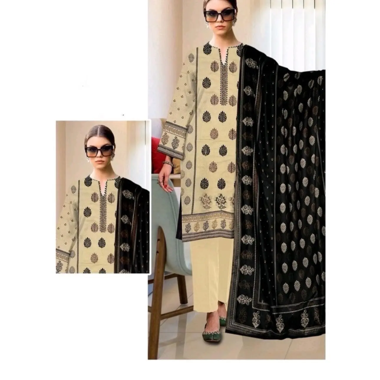 Women's Digital Printed & Embroidered Linen Suit with Dupatta - Casual Style - Womenswear