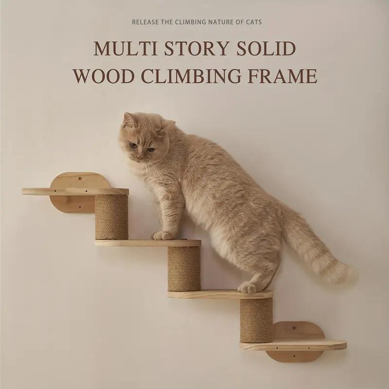 Multi-Level Wooden Cat Climbing Frame with Sisal Scratching Posts – Wall-Mounted Cat Condo & Jump Platform for All Seasons, Natural Wood Finish, Perfect for Indoor Cats, Cat Wall Climbing System 2