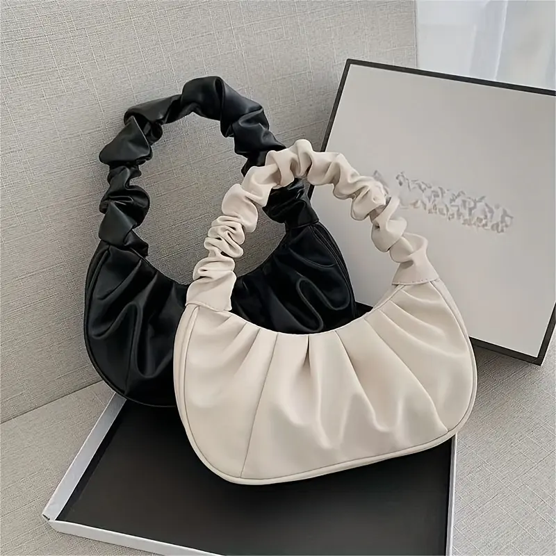 Cloud Ruched Hobo Bag, Trendy Handbags For Women, Solid Color Underarm Purses