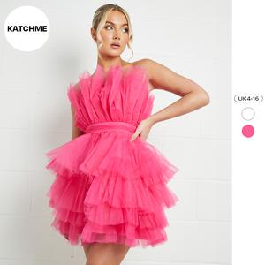 KatchMe Women's Upscale Sweet Chiffon Frill Tiered Barbie Puffy Dress (4-16 UK),Birthday Outfits for Women,Lovely Plain Tube Dress,Basic Womenswear