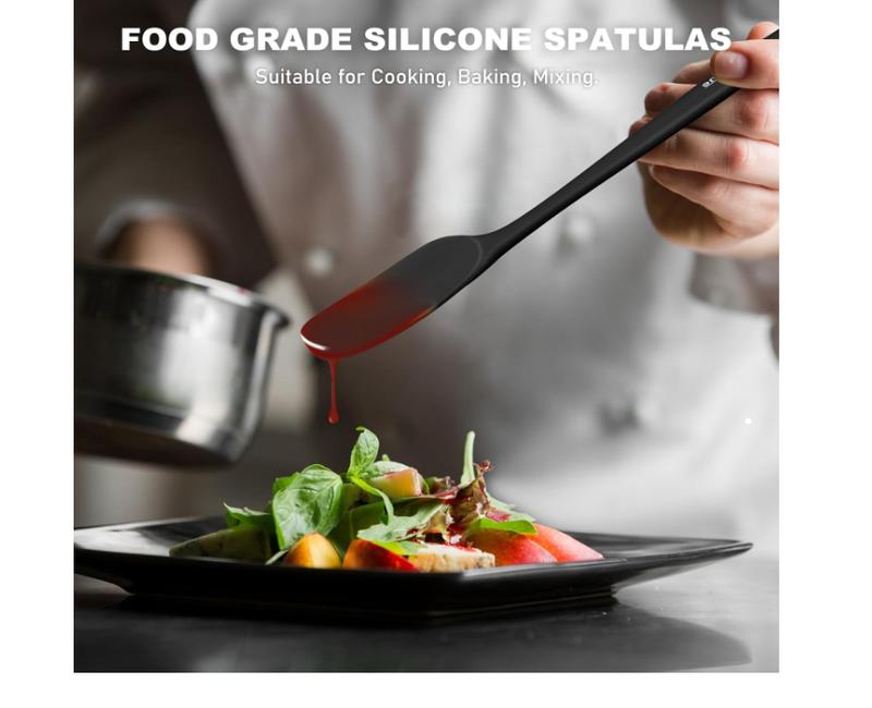 Product Introduction of Silicone Spatula Set, High Heat-Resistant Premium BPA-Free One Piece Seamless Design, Non-Stick Rubber with 18/8 Stainless Steel Core, Cooking/Baking Utensil Set of 4, Black Kitchen 7