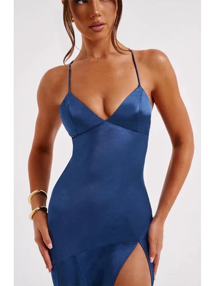 Product Introduction of Bandage Backless Elegant Dress Split Hem Spaghetti Strap Slim Cocktail Party Club Fashion Satin Solid Lace-Up Long Dresses 11