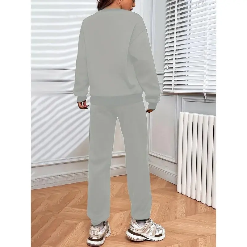 Two-Piece Solid Color Crew Neck Long Sleeve Top and Drawstring Jogger Pants Set - Soft Micro Elasticity Polyester Fabric, Pocket Details, Casual Wear for All Seasons 6
