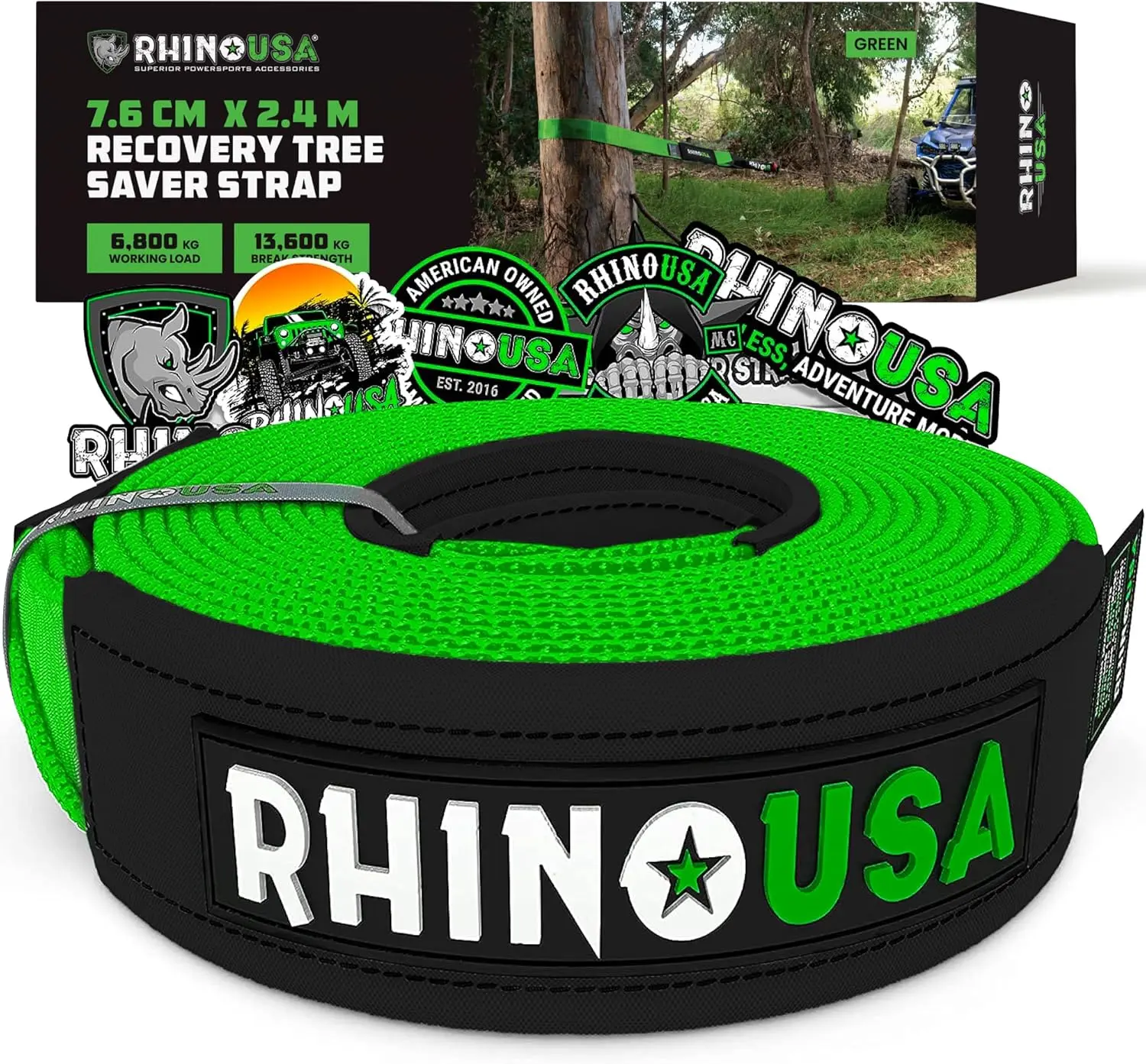 Recovery Tow Rope 7.6 cm x 2.4 m - 13,600 kg Min Break Strength - Triple Reinforced Heavy Duty Straps - Emergency 4x4 Off Road Recovery Accessories - Green