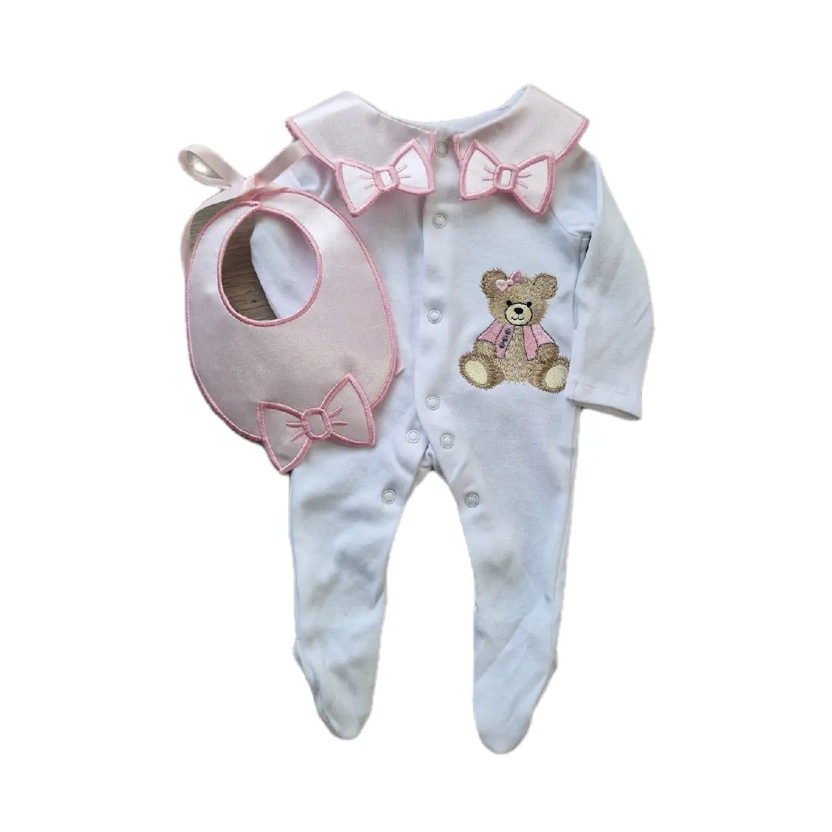 Teddy Bear Sleepsuit with Satin Embroidered Collar and Matching Bib - Personalised Gift for New Baby