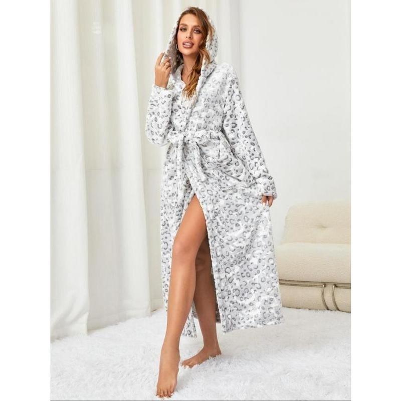 Women's Leopard Print Belted Hooded Flannel Lounge Robe, Casual Long Sleeve Pocket Design Bathrobe, Ladies Sleepwear for Fall & Winter 8