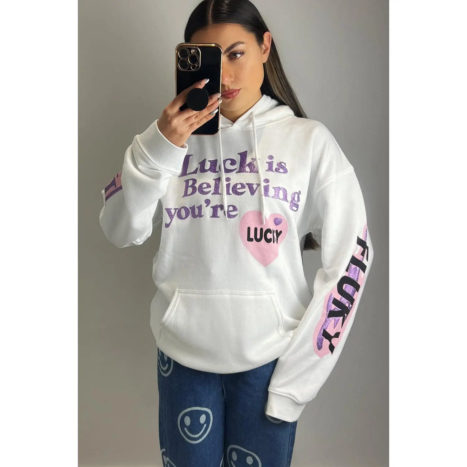 Gigi White Luck is Believing Slogan Oversized Hoodie