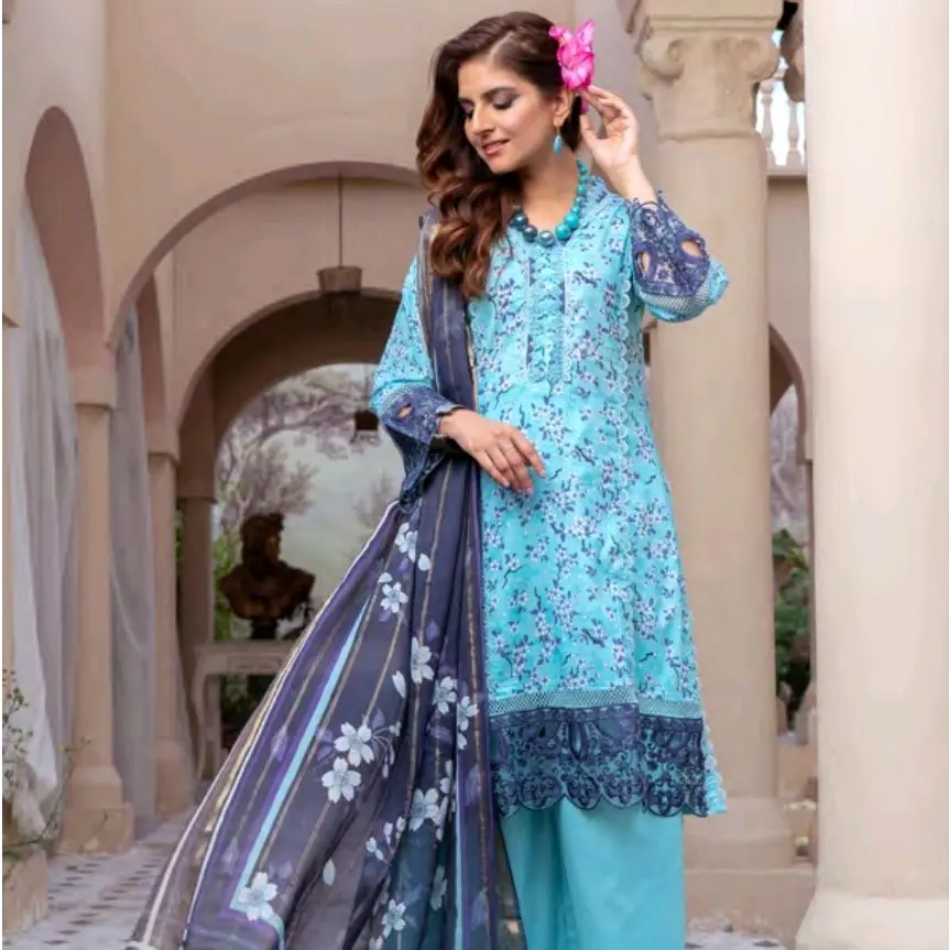 Latest Summer Collection by Munira Designer 3 piece Turquoise Asian Suit with Embroidery and Diamante Detail on Lawn with Chiffon Dupatta Stunning Asian Desi Wear for Party or Eid Elegant Traditional Womenswear