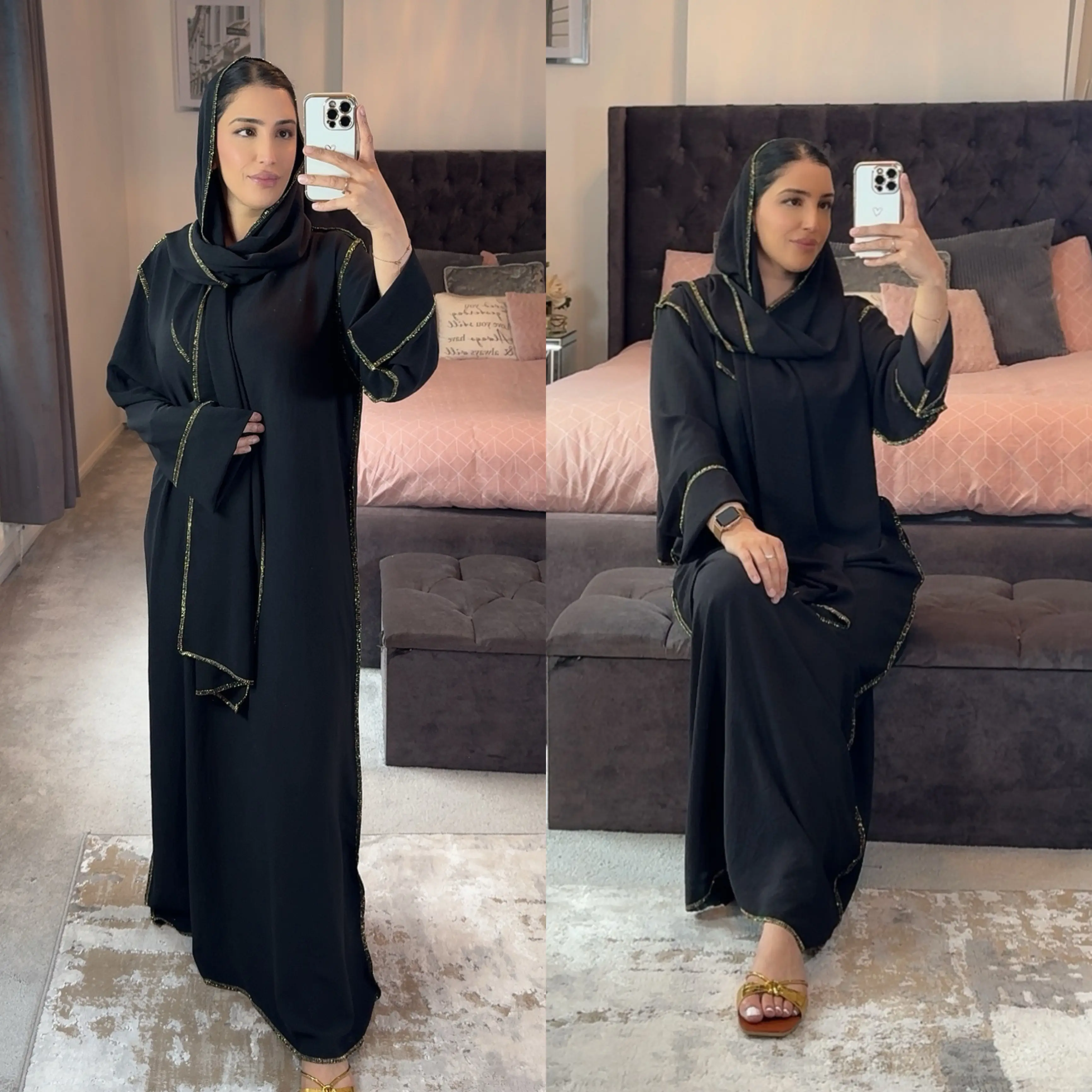 women's Gold Stitch Abaya with scarf Gold trim with extra detail and elasticated sleeves for extra comfort size 8-14