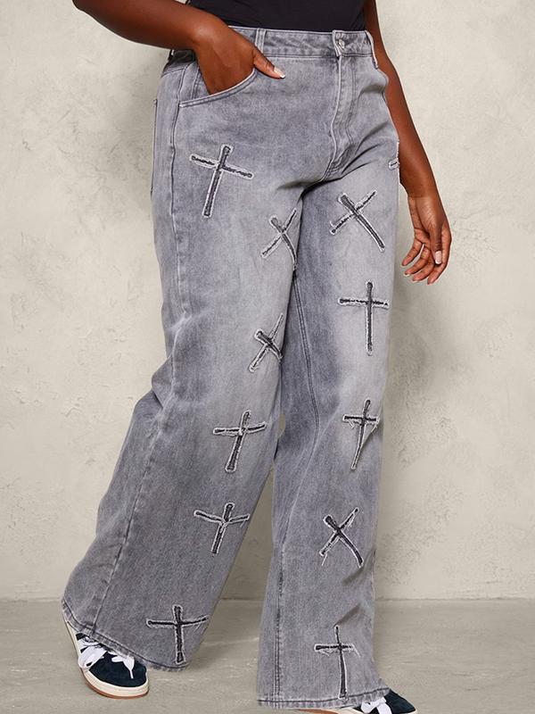 Plus Washed Black Cross Applique Detail Wide Leg Jeans (Sizes 16-30) 1
