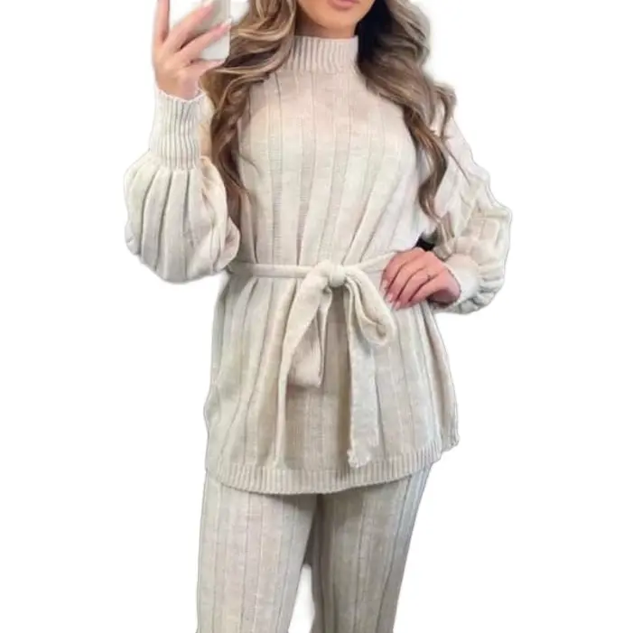 Ladies High Neck Knitted Loungewear With Balloon Sleeves & Belt
