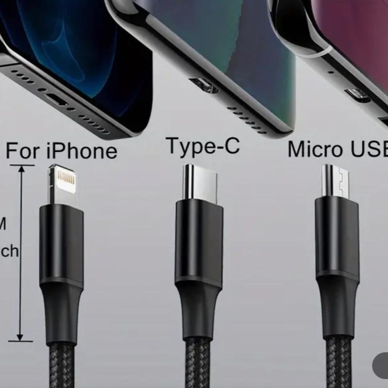 3 in 1 Charging Cable Pack of 3 for Mobile and Electronic Devices - Silver, Fast Charging, 1.2m Length - Cellphone, Smartphone Charger 2