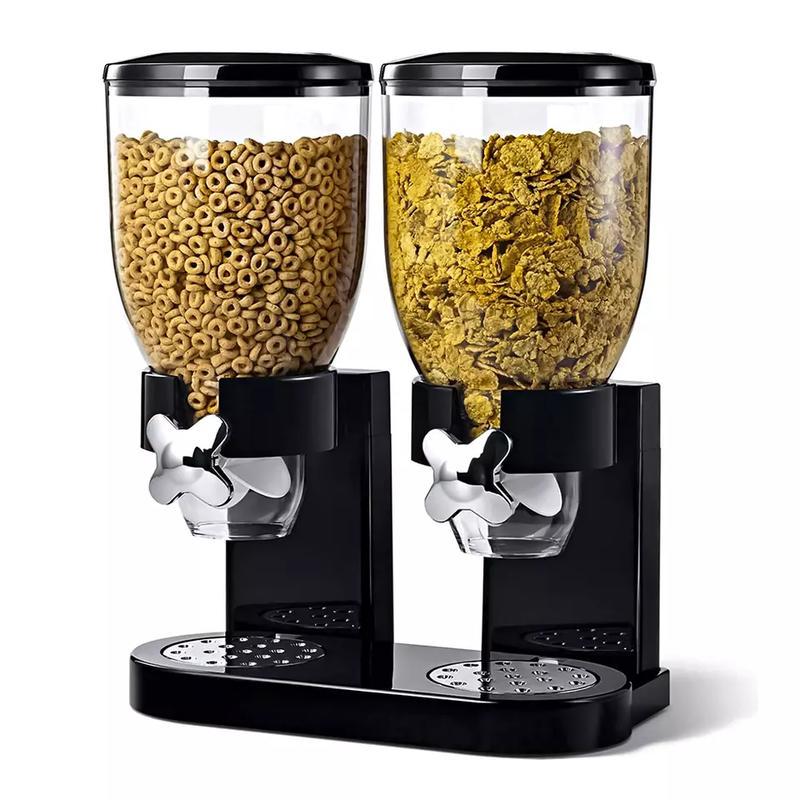 Plastic Double Cereal Dispenser for Home & Kitchen - Great for Cornflakes, Candy, Nuts, Beans, Granola - Tin, Utensils-(White)-(Black) 1