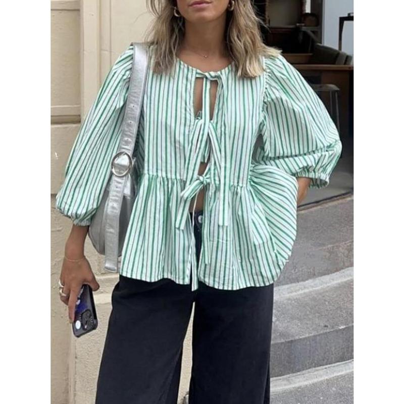 Springcmy Women Y2K Puff Sleeve Peplum Shirts Tie Front Ruffle Hem Babydoll Blouse Tops Tee Lace up Summer Tops Streetwear 1