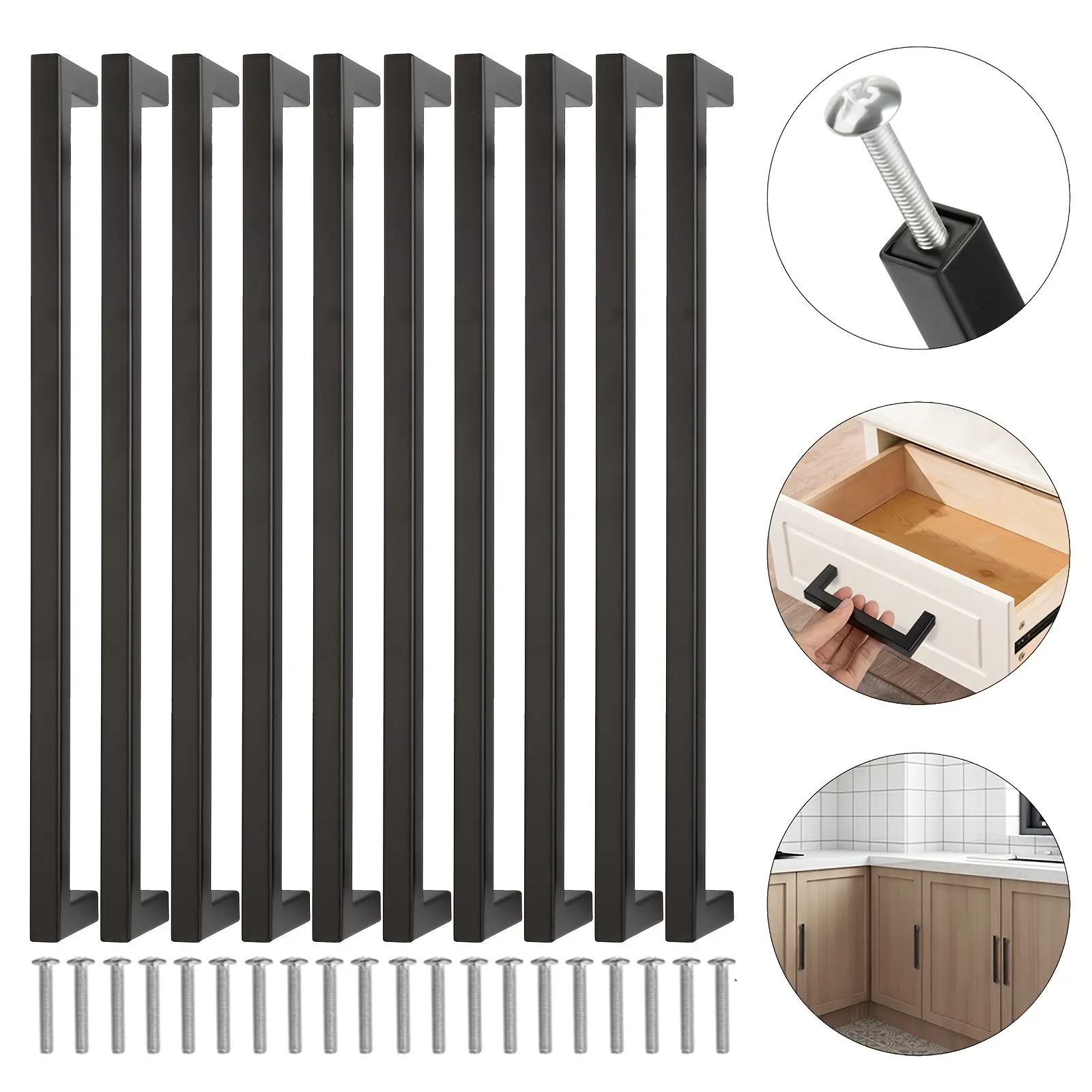 10pcs Modern Matte Black Aluminum Cabinet Pulls, Square Metal Handles for Kitchen Cupboard Drawer, Painted Finish, Easy Installation with Screws Included