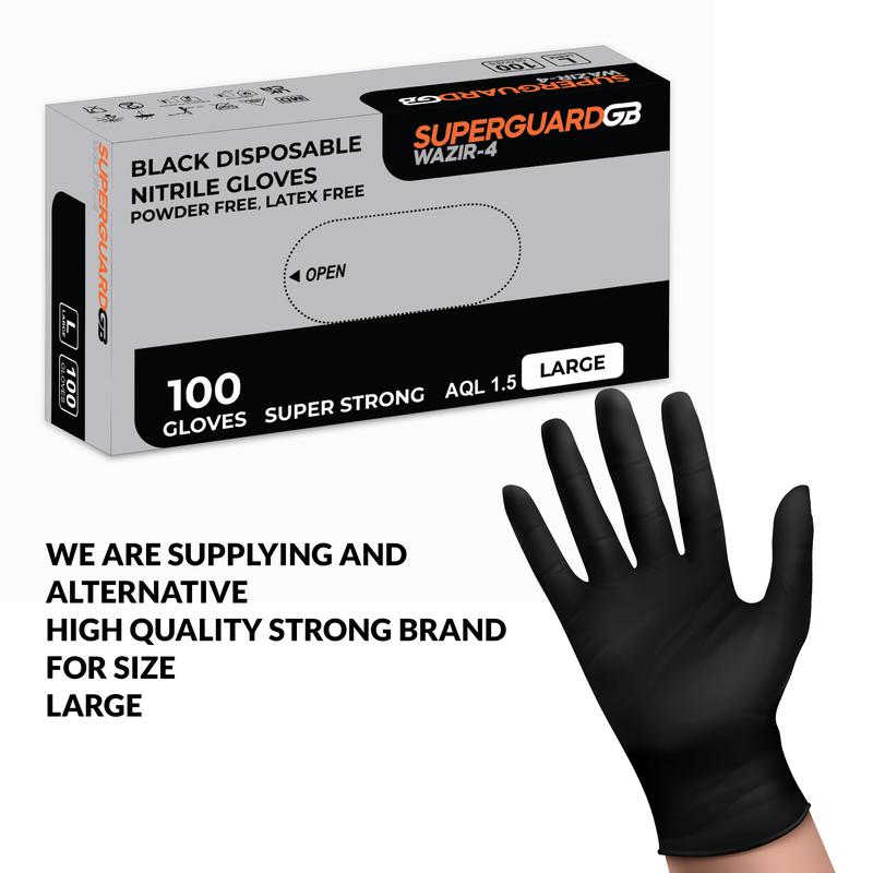 Superguard GB Black Disposable Heavy Duty Nitrile Wazir-4 Gloves Box Of 100 AQL 1.5 Cleaning Home Garage Tattoo Garden Kitchen Cover Industrial Engineeering Rubber Meachanic Painting Household 2