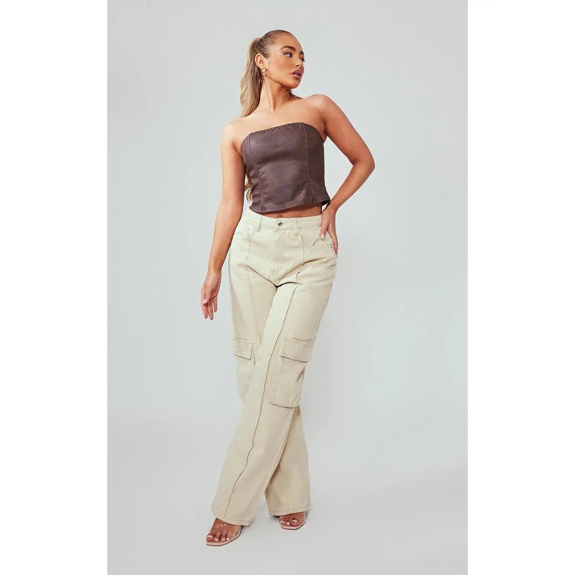 Sand Cargo Pocket Detail Baggy Boyfriend Jeans