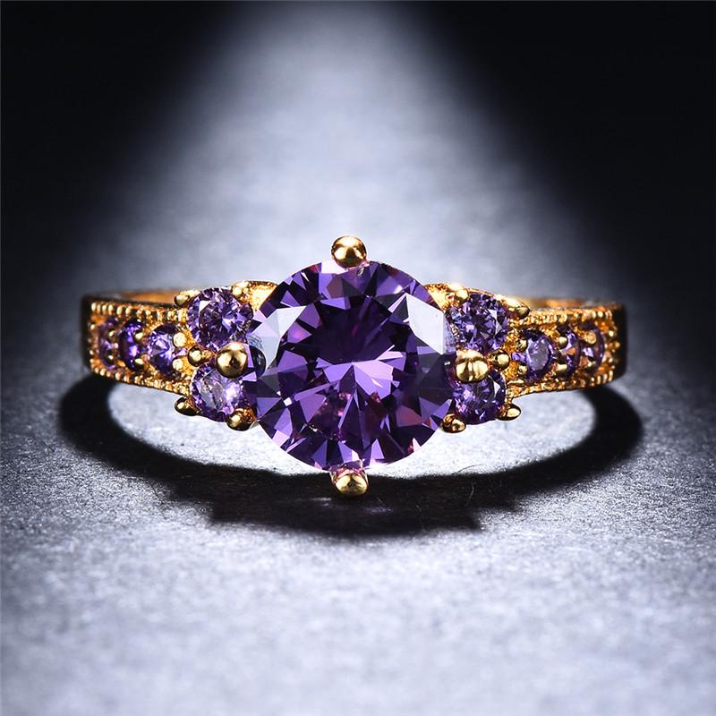 Product Introduction of Boho Purple Pink zirconia Ring Round Cut 18k Gold Plated Wedding Engagement Evening Party Ring 3