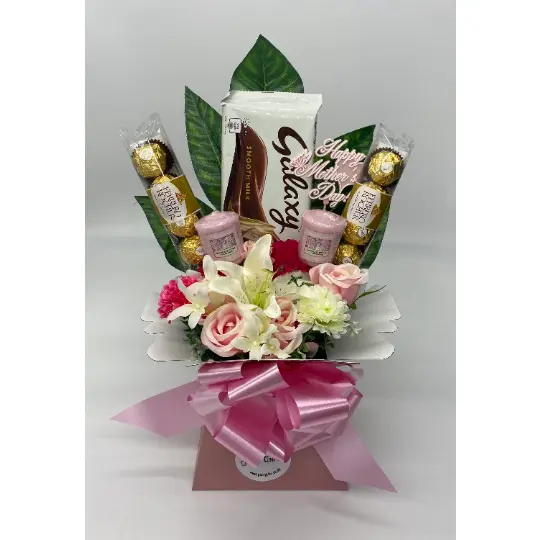 Galaxy & Ferrero Rocher Mother’s Day Chocolate Silk Flowers Candle Bouquet Gift