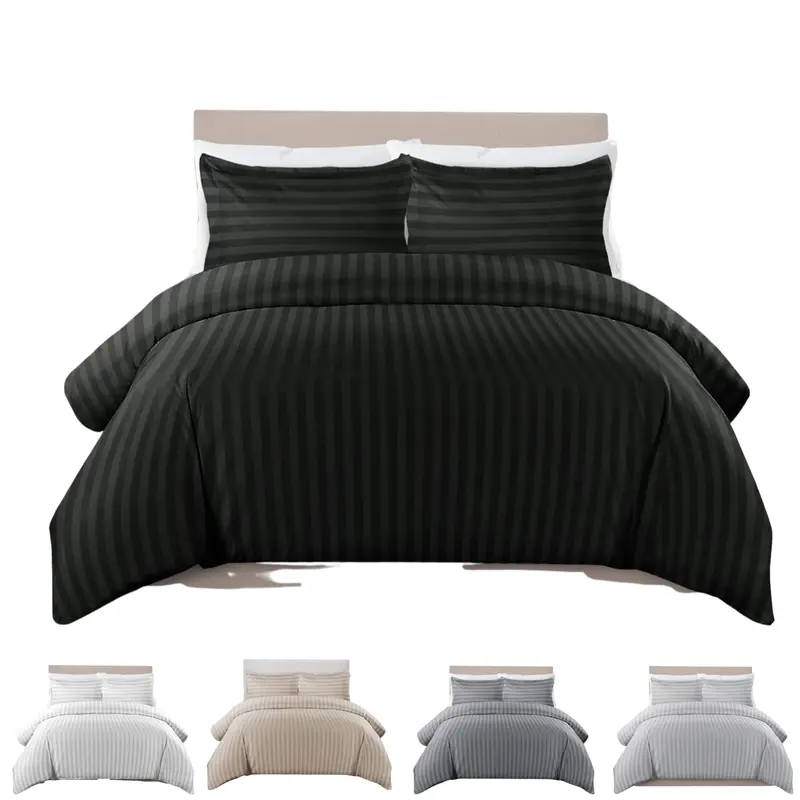 Satin Stripe Duvet Quilt Cover Bedding Set Single Double King Super-King Size W Pillowcases Microfiber Sleepdown Premium Hotel Quality Duvet Cover Set with Pillowcases Quilt Bedding Soft Easy Care Luxury Bed White Black Silver Cream Grey 0
