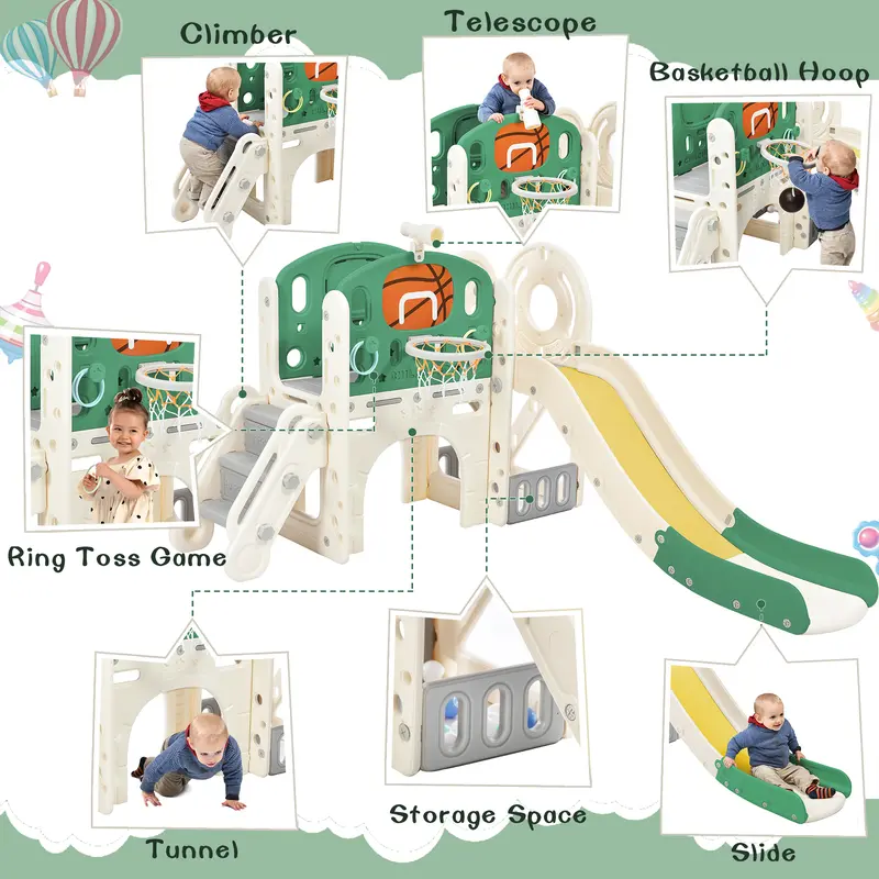 Children's combo slide, Features a long slide, storage box, tunnel. stair ladder, basketball hoop and passage area.Toddler slide. Easy Assembly and Convenient Storage. High-Quality Materials-HDPE. 1