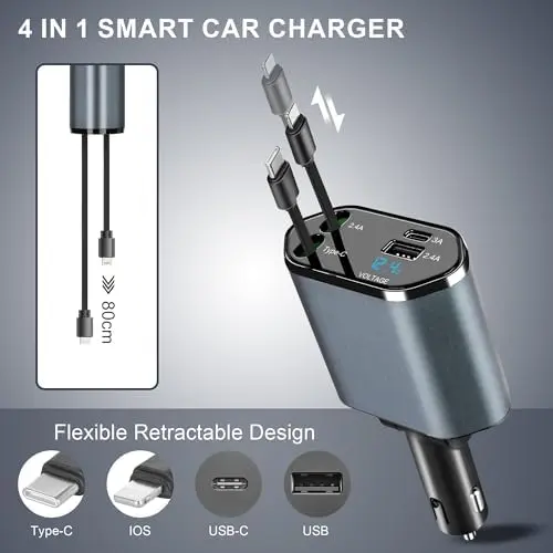 4 in 1 Retractable Car Charger, Type-C Cable Fast Charging Up To 66W, Car Phone Charger with Voltage Display for iPhone 15/14/13/12 Pro Max, iPad, Samsung, Electronic 1