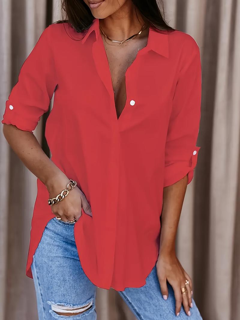 Product Introduction of Solid Button Front Shirt, Casual Turn Down Collar Office Work Shirt, Women's Clothing 6