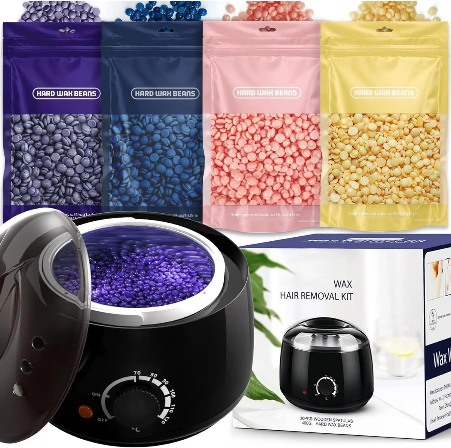 Waxing Kits with Wax Heater for Hair Removal: 4 * 100g Hard Waxing Beads & 30 Waxing Sticks for Home Use - Wax Kit for Women/Men  Body Care Comfort Silky Cosmetic