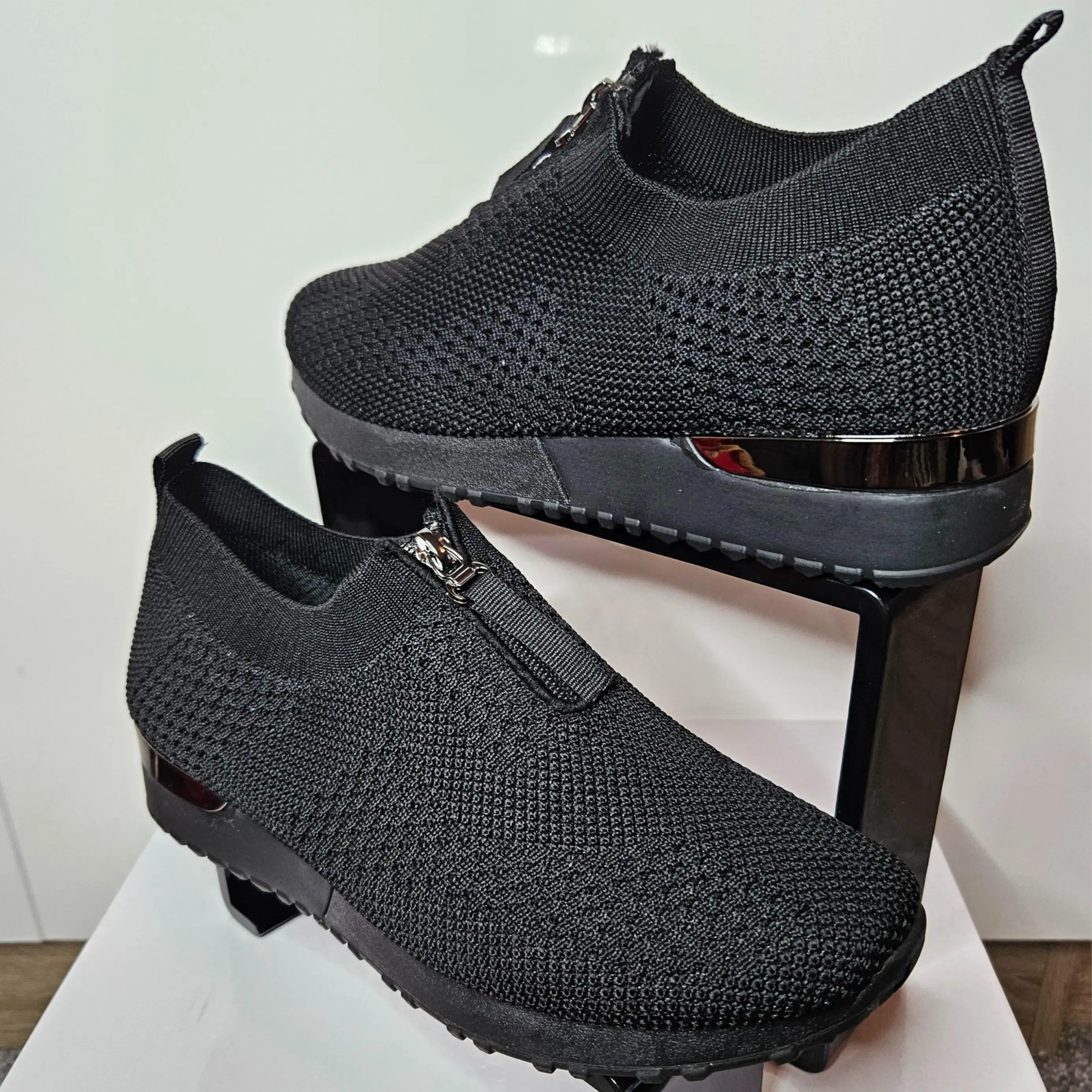 Solevibes Top zipper Nano sneaker - Black Knit Slip-On with Metallic Accent Shoe work shoes women