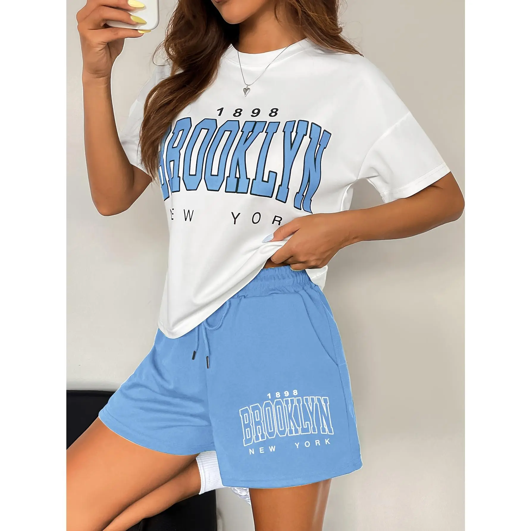 BROOKLYN Print Summer & Spring Casual Shorts Set, Crew Neck Short Sleeve Top & Drawstring Shorts With Pockets Outfits, Women's Clothing