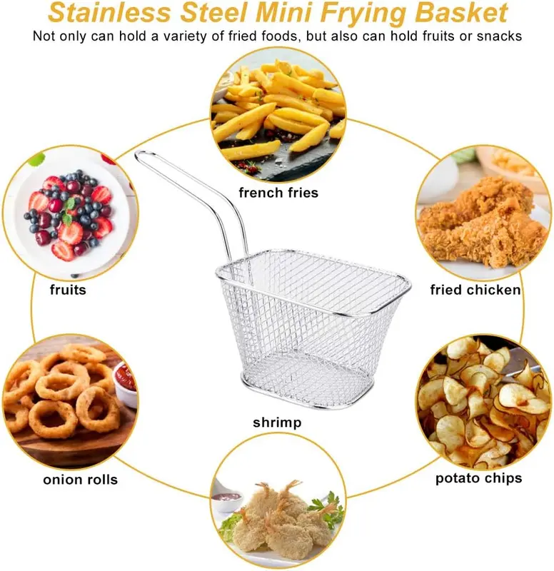 Chip Serving Frying Baskets Mini Chip Baskets with Handle 8Pcs Chef Chrome Fry Basket Set,Stainless Steel French Fry Cooking Tapas Food Presentation Gadget Tool for Shrimps Onion Rings Kitchen Oil Utensils 3