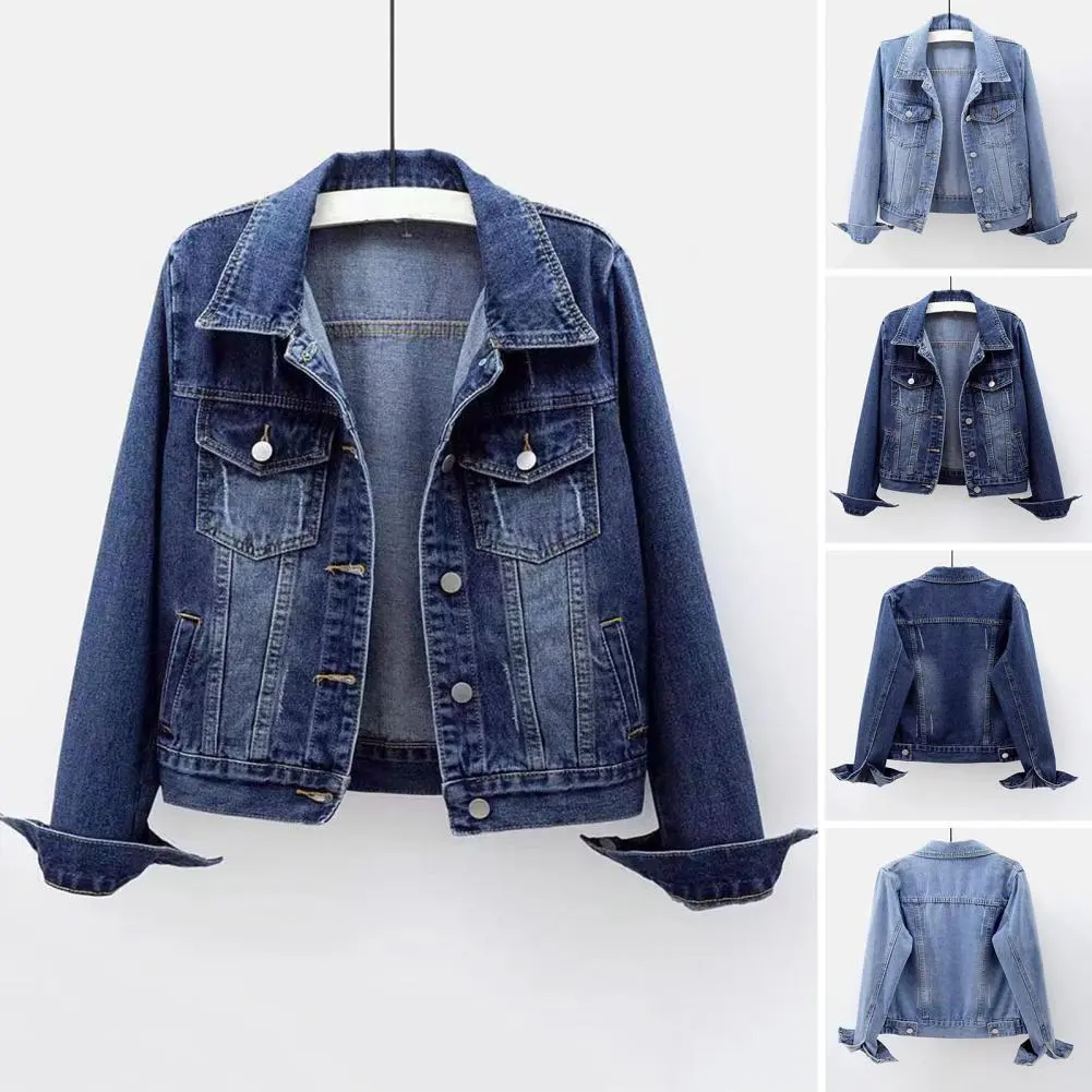 Women Denim Jacket Single-breasted Chest Flap Pocket Jacket Long Sleeve Slim Short Coat Retro Ladies Denim Jackets Outerwear