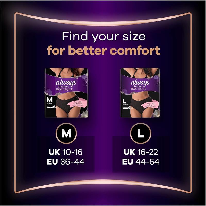 Always Discreet Boutique Underwear Incontinence Pants Plus L Black X 8, for Sensitive Bladder, Locks Away Odours, Wetness and Prevent Leaks Comfort Comfortable Panties Womenswear Style 6