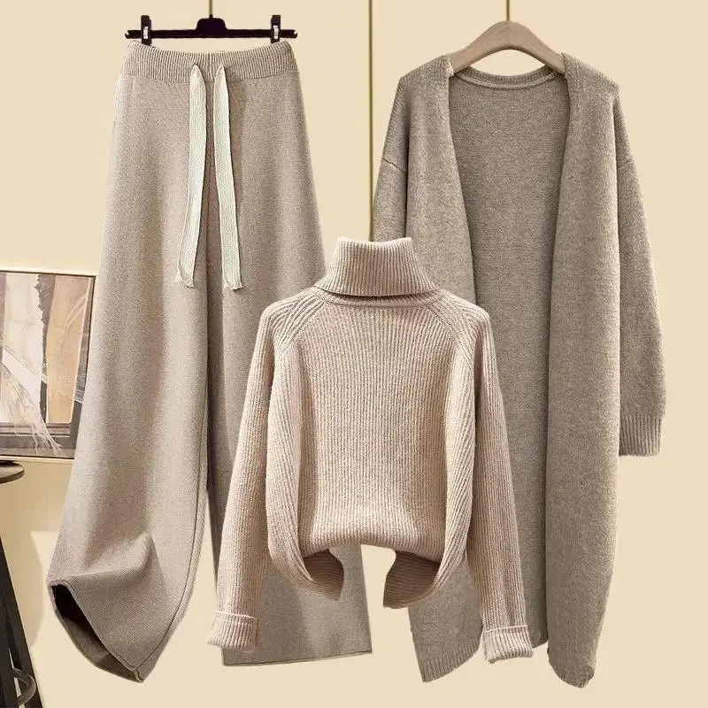 [2025]Plus Size Women's Winter Cardigan Jacket Polo/turtle Neck Sweater Bell Bottoms Three-piece Set New Style Long Length