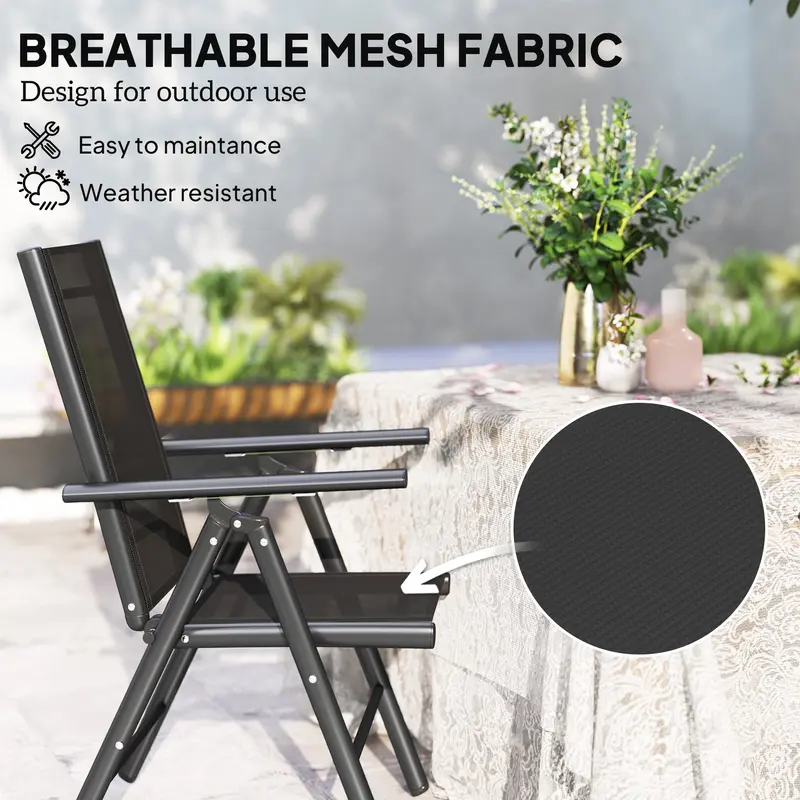 Outsunny Set of 2 Folding Chair, Aluminium Frame Outdoor Camping Chairs with Breathable Mesh Back and Seat, Garden Chair Set with Armrests for Balcony, Black 4