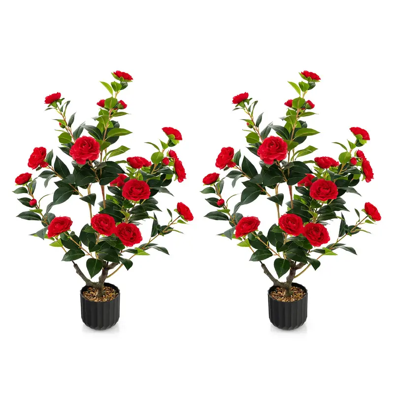 COSTWAY 1/2 Pieces 95cm Artificial Camellia Tree with Flowers and Rain-Flower Pebbles 0